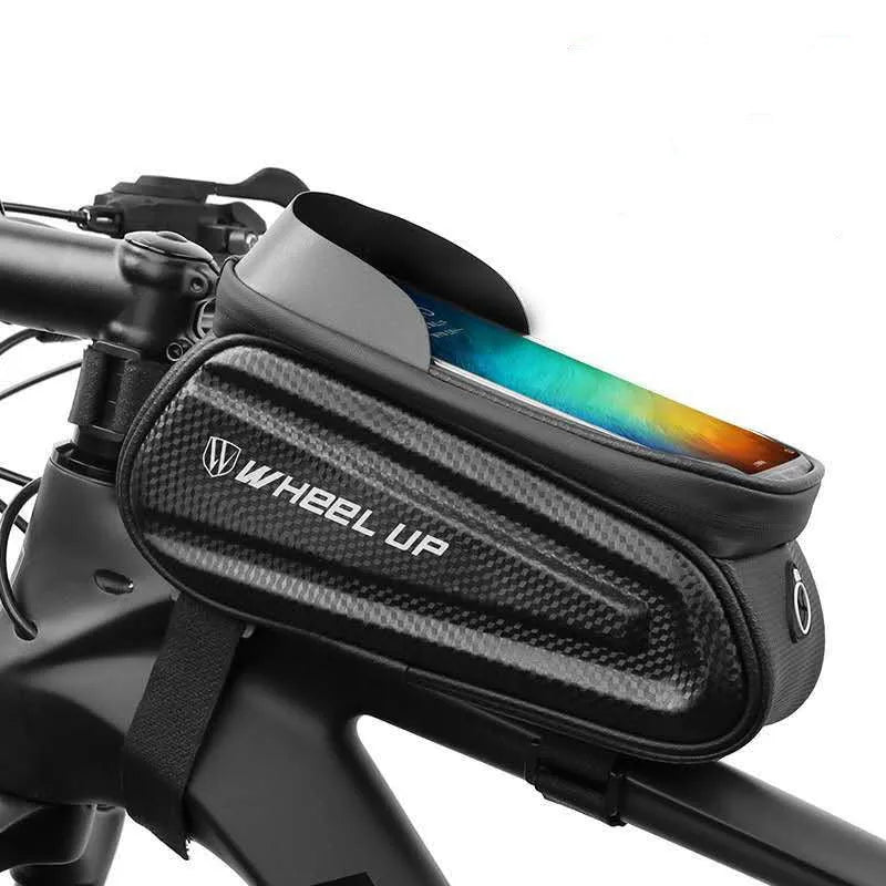 Black and grey mountain bike frame bag with reflective strips mounted on bicycle, showing touch-screen phone panel and adjustable straps