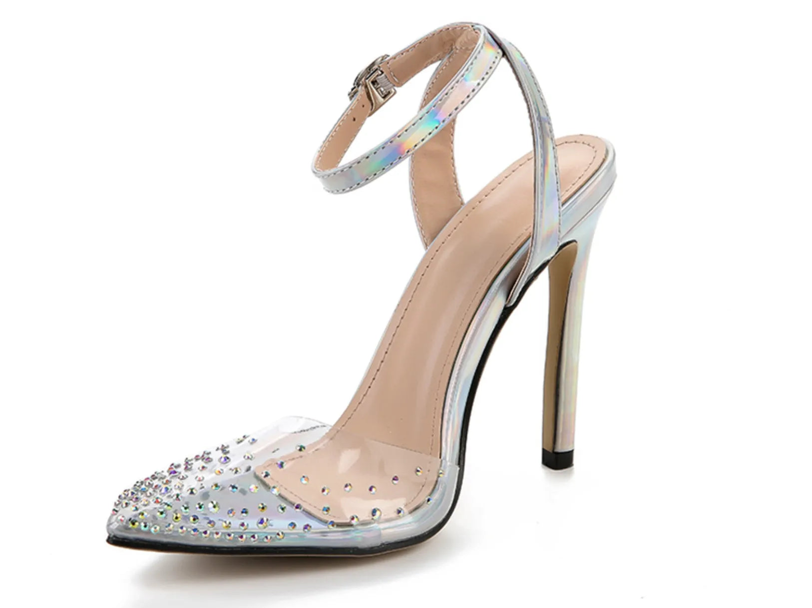 Clear PVC women's sandals with a pointed toe and a thin 10cm stiletto heel on a plain background.