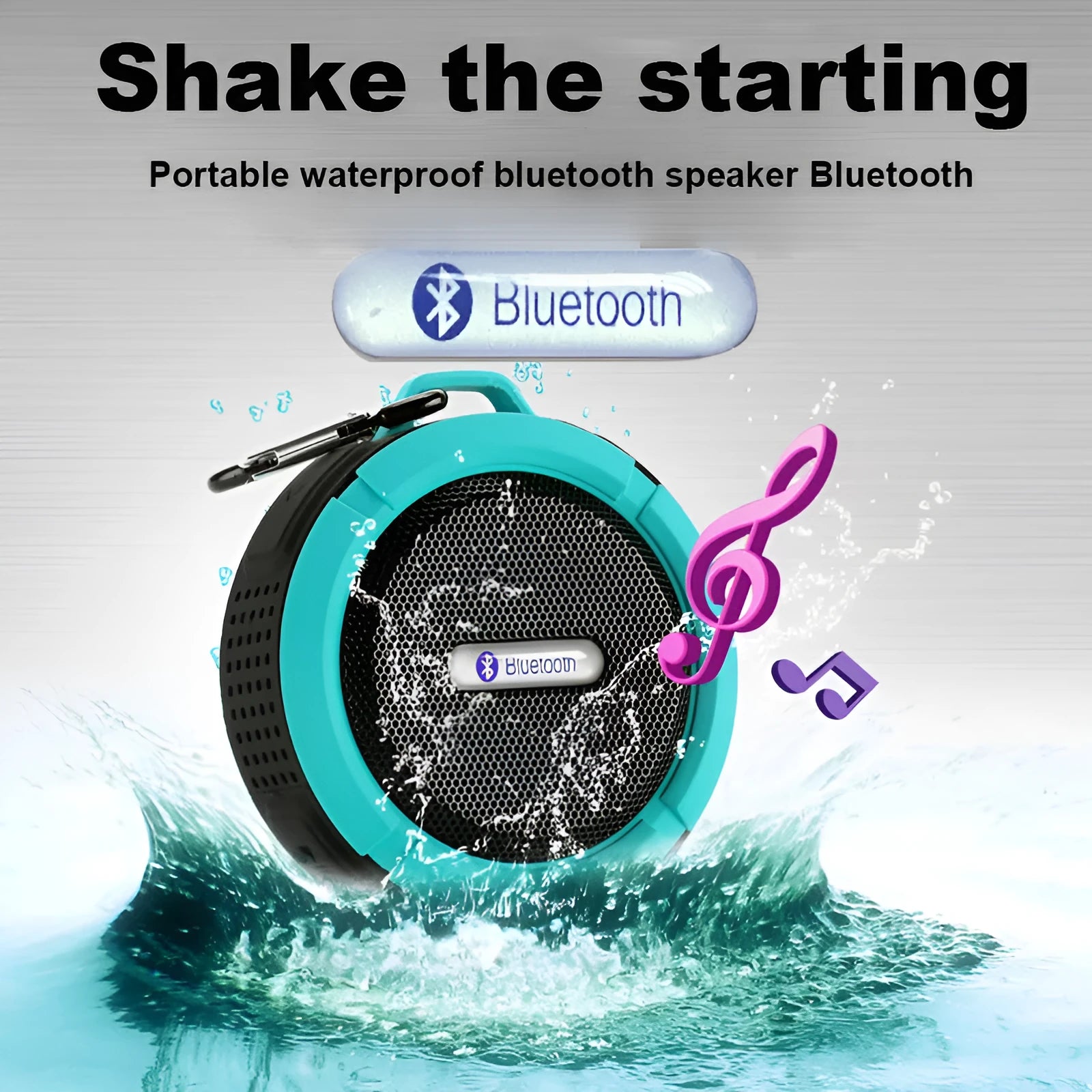 Waterproof portable Bluetooth speaker in black with dual 3W drivers, 500mAh battery, compact 98x88x45mm design