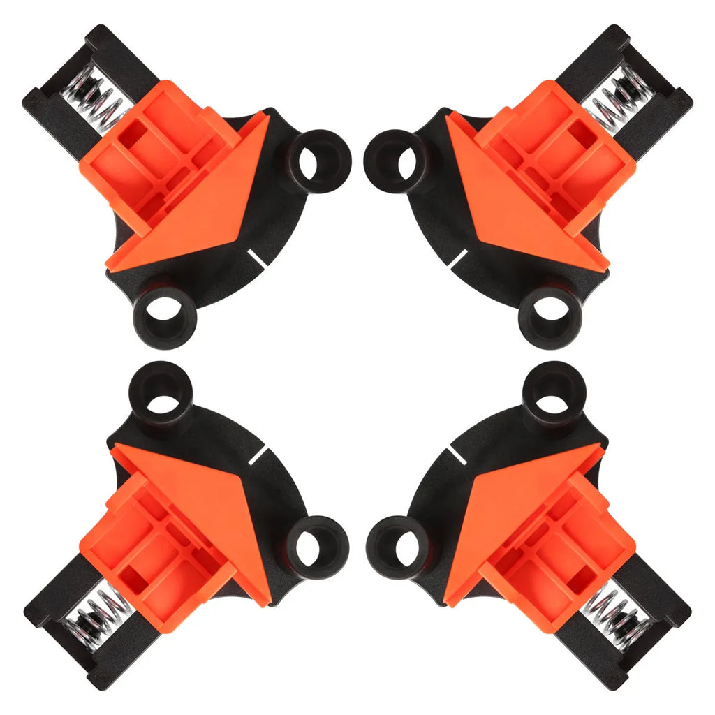 Four plastic 90 degree right angle woodworking clamps for picture frame assembly