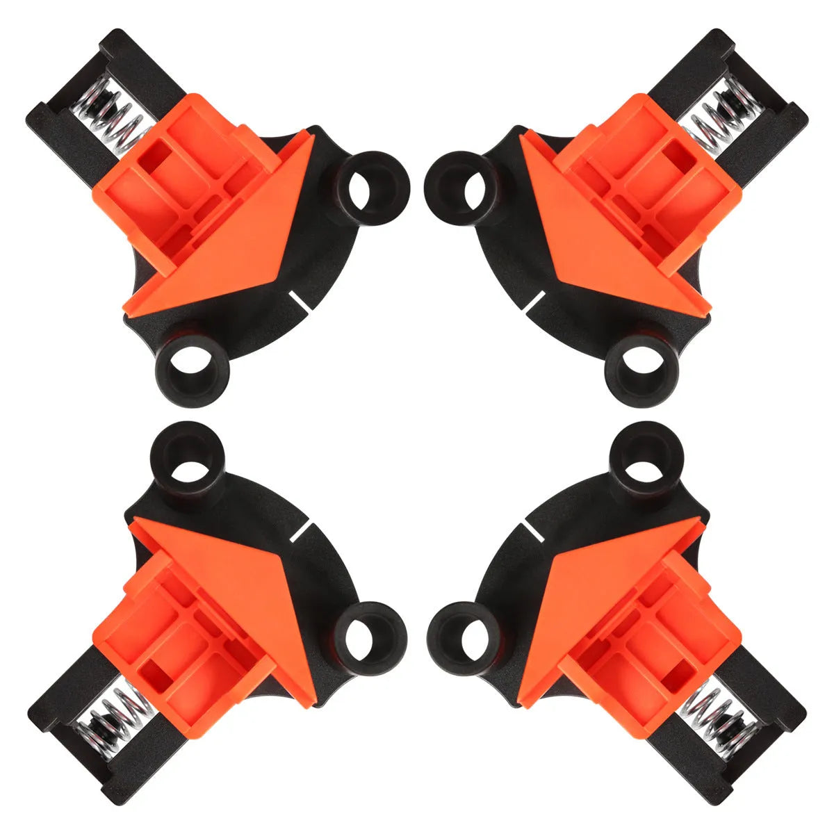 Four plastic 90 degree right angle woodworking clamps for picture frame assembly