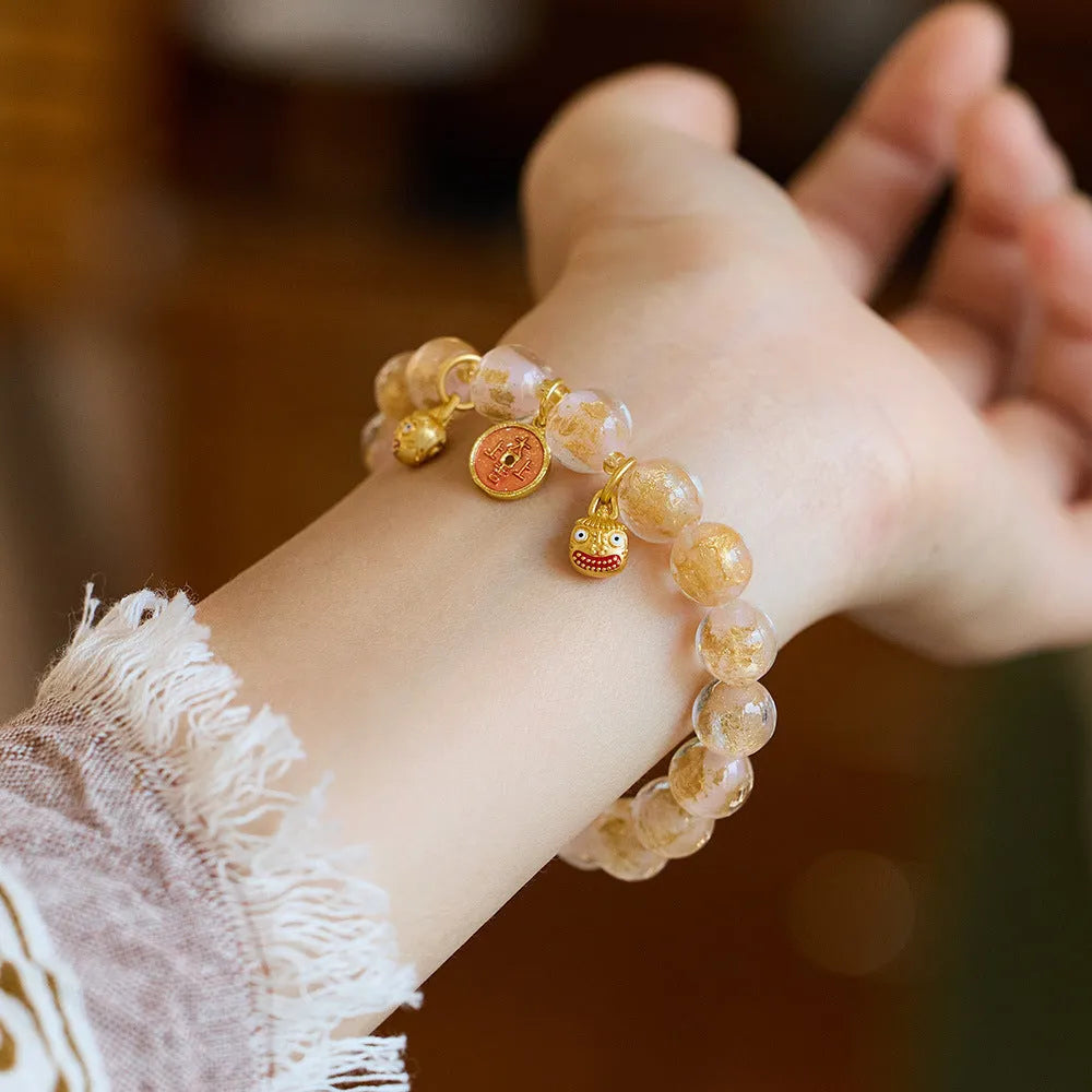 Handmade coloured glaze bracelet with gold foil swallowing gold beast pattern in seven colour options