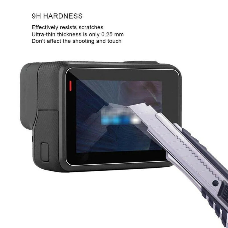 GoPro Hero 5 6 7 camera with transparent tempered glass lens and LCD screen protector films.
