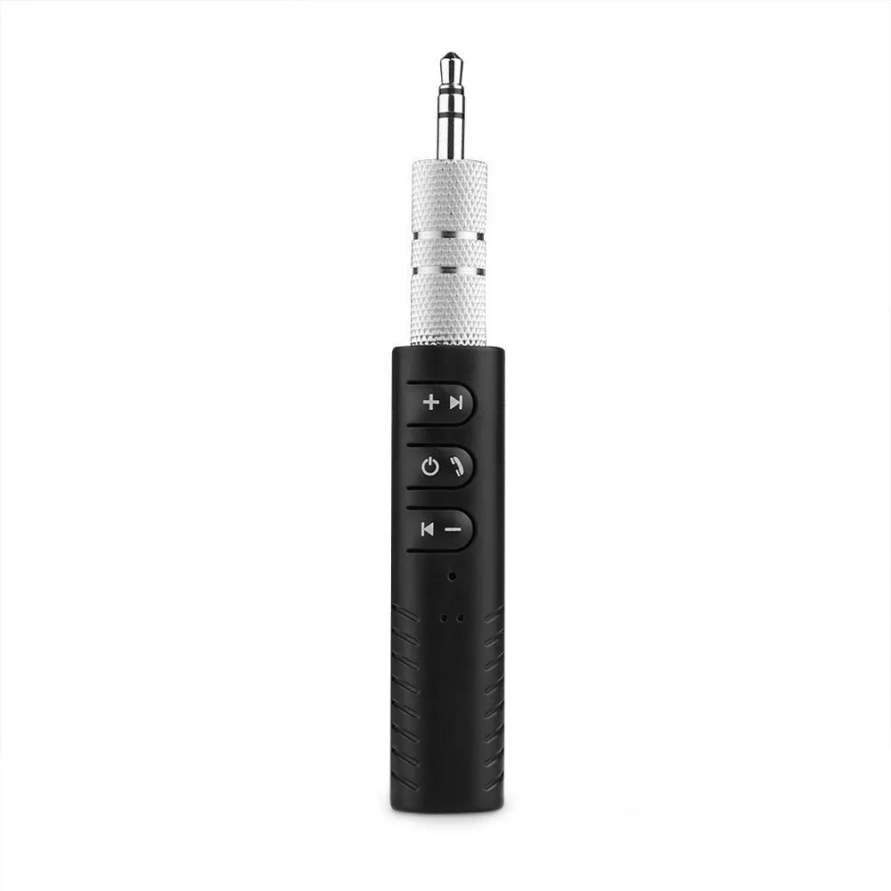 Black universal Bluetooth 4.1 car kit with 3.5mm AUX adapter for wireless music streaming.