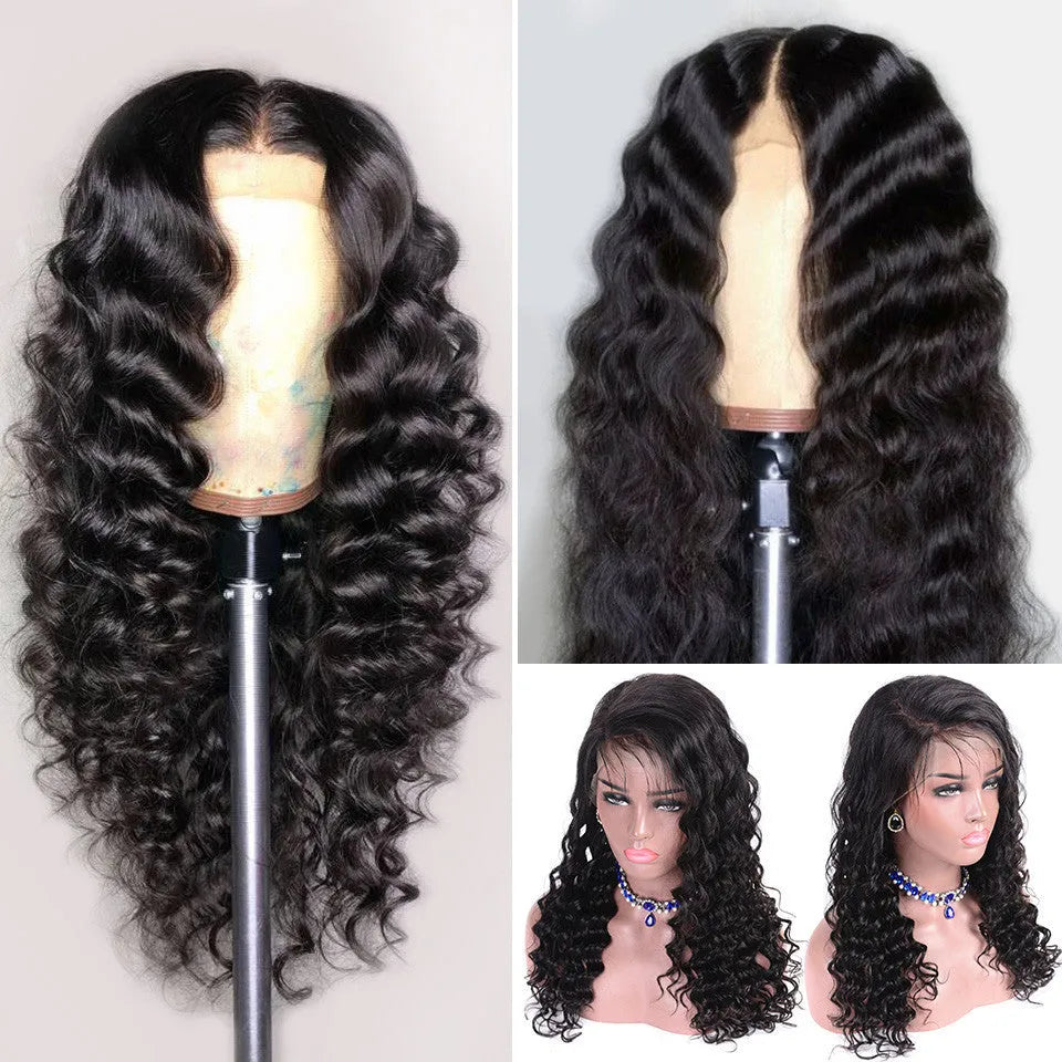 Black front lace chemical fibre small curly wig with adjustable buckles and clips, 18 inches
