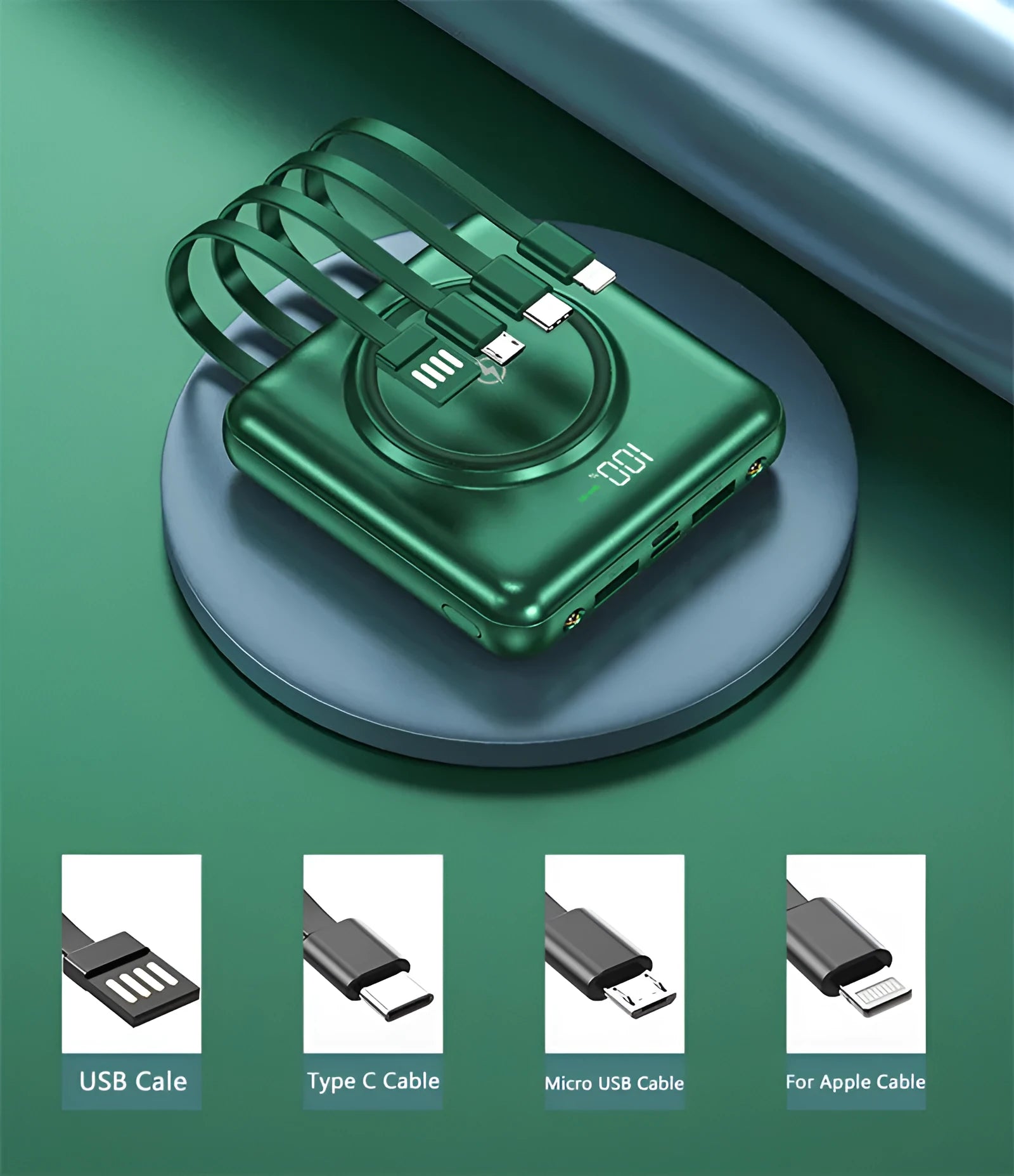 Compact square 20000mAh power bank with LCD screen in black, green, or red colour.