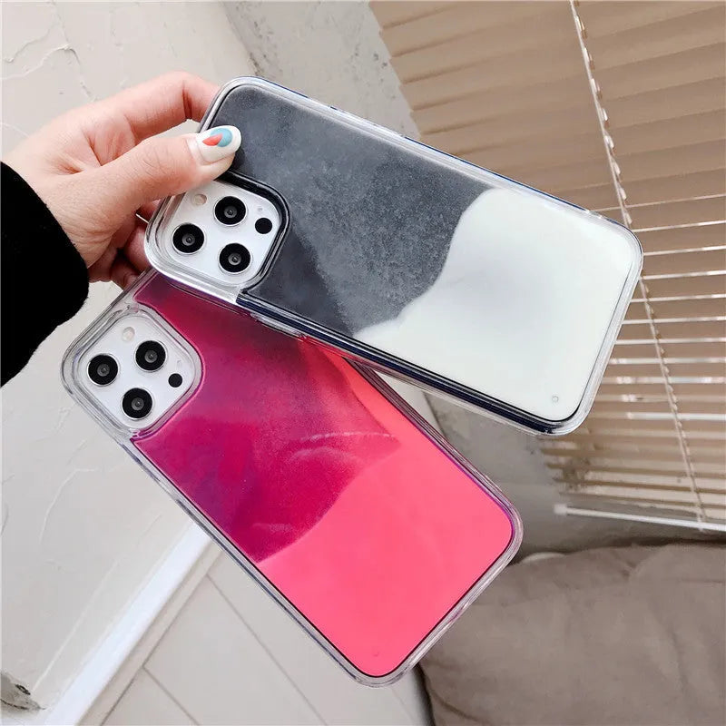 Luminous solid colour liquid quicksand phone case for iPhone in blue glowing in dark