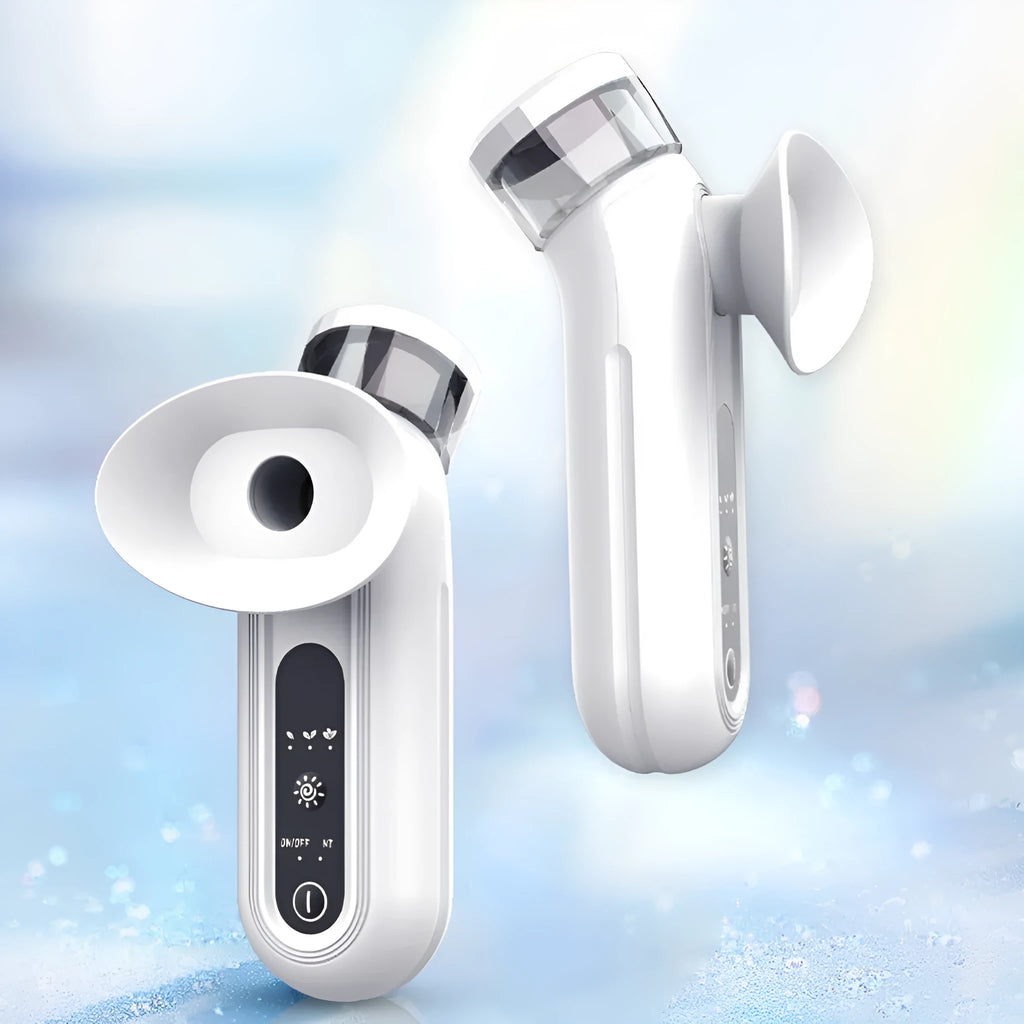 White portable eye massager with cold and hot compress functions and included fabric eye mask