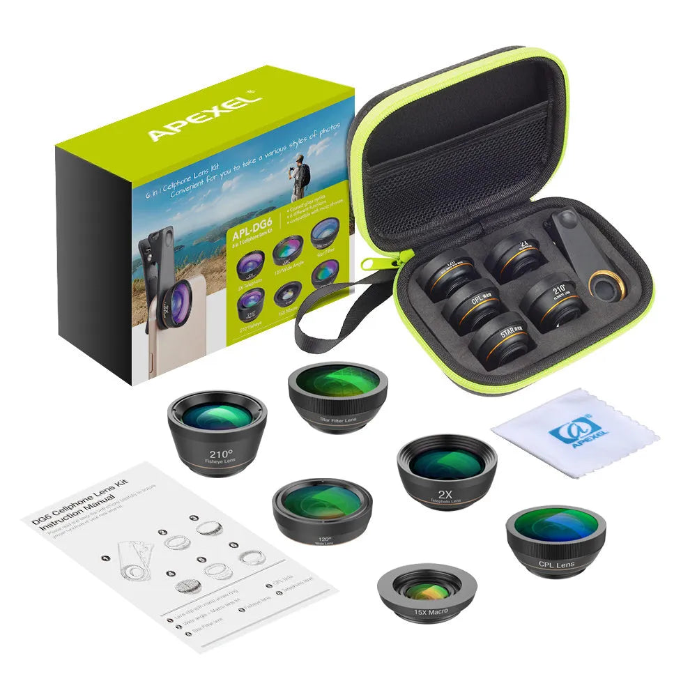 Black 6-in-1 smartphone camera lens kit with fisheye, wide-angle, telephoto, CPL, and star filter lenses and a universal clip.