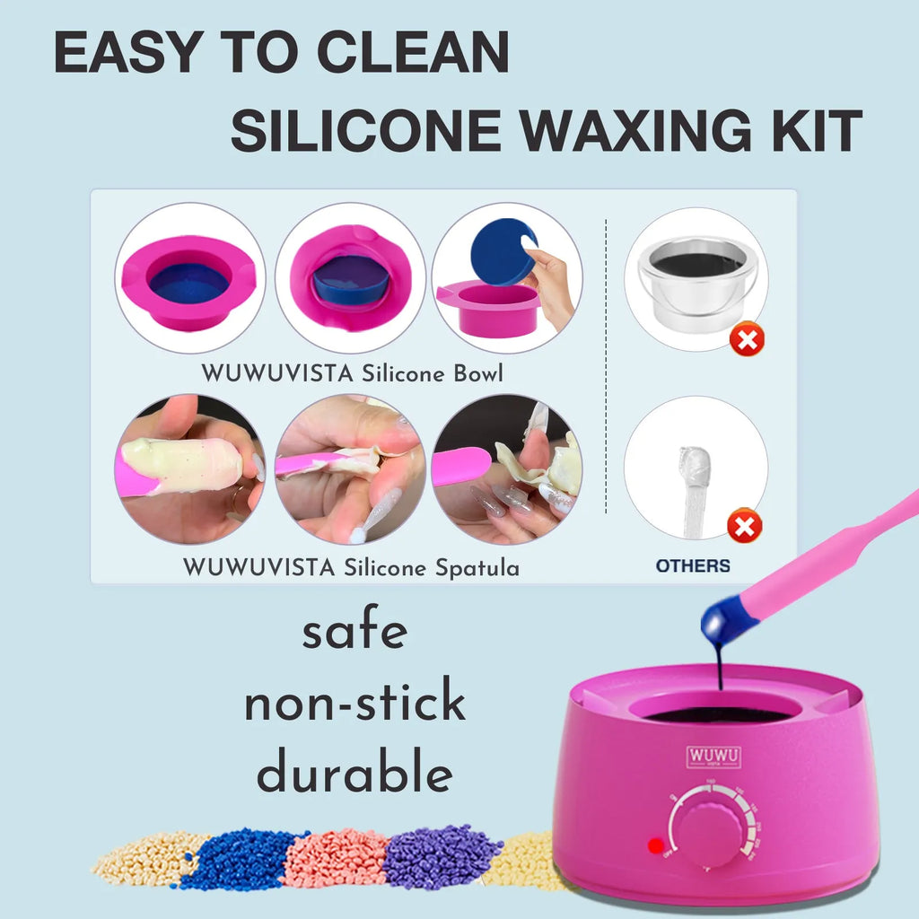 WUWUVISTA hard wax hair removal kit with pink wax warmer, wax beans, lotion, and applicator sticks