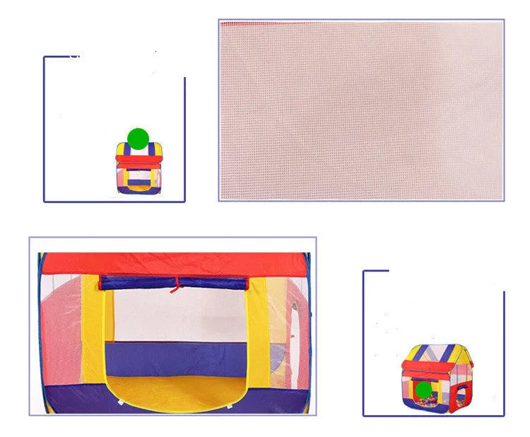 Large blue outdoor children's play tent with roll-up mosquito net curtain in a garden.