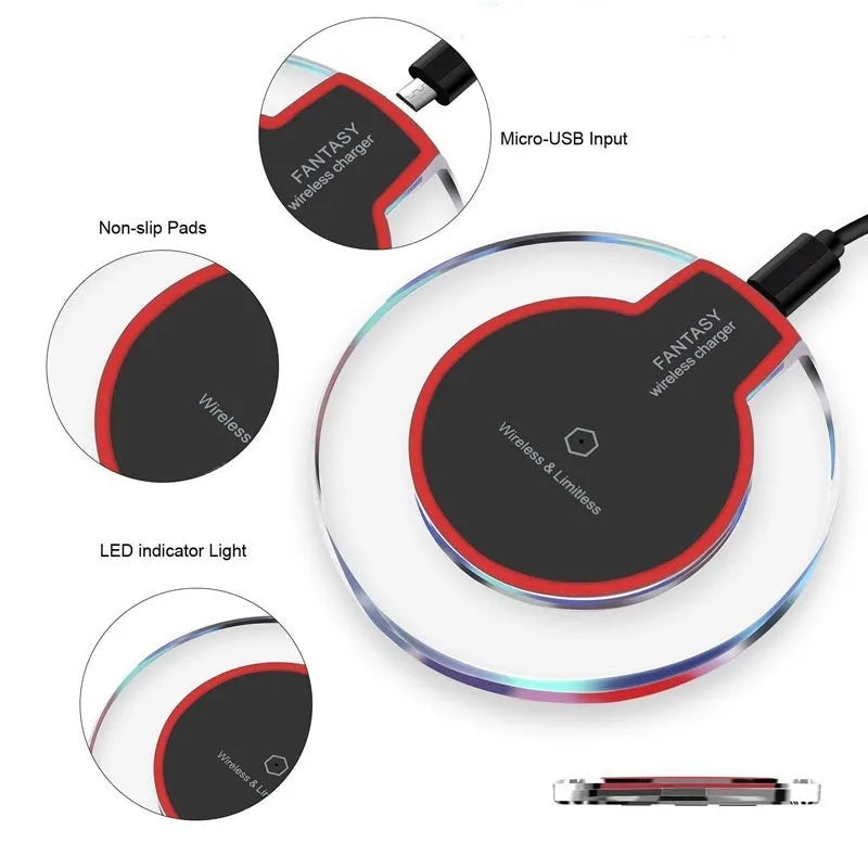 Black wireless charging pad compatible with Samsung Galaxy and iPhone smartphones