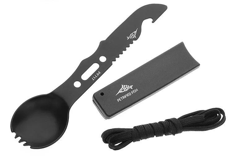 Outdoor spoon fork knife set with whistle camping tool 15.7cm stainless steel black silver