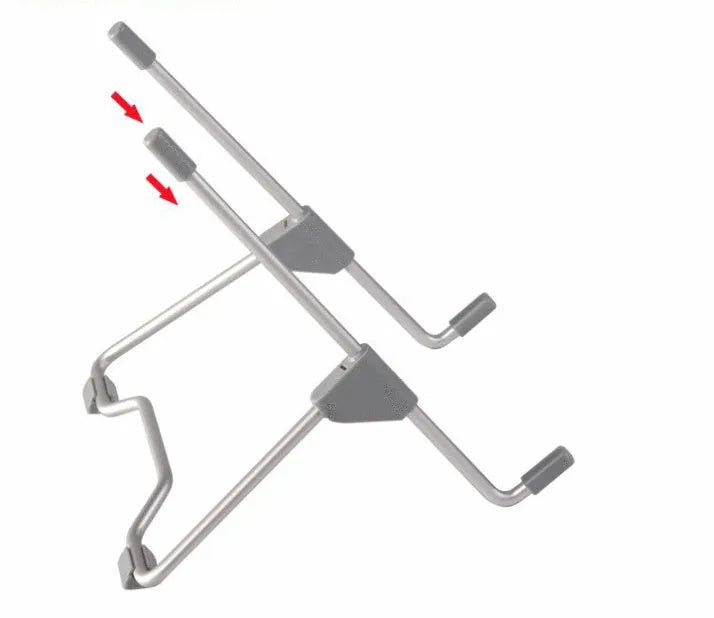 Grey aluminium alloy and engineering plastic adjustable stand holding a mobile phone and a laptop.