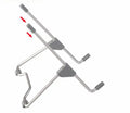 Grey aluminium alloy and engineering plastic adjustable stand holding a mobile phone and a laptop.