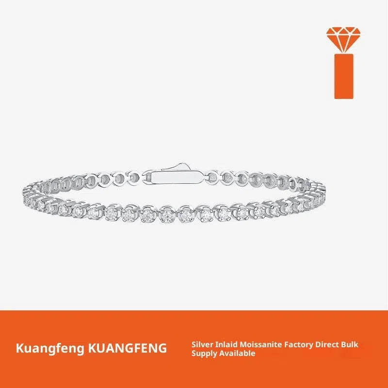 Geometric pure silver S925 moissanite bracelet for women, 16.5 cm length, D-E white colour, inlaid diamond setting