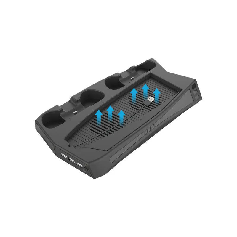 Matte black PS5 cooling charging base with USB ports, two controller docks, and a fan grill.