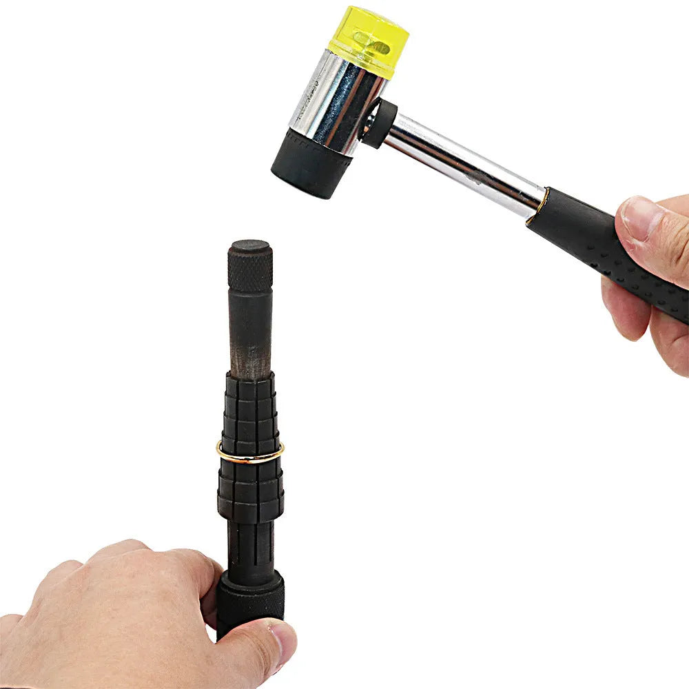 Professional HXF330025 ring stretcher tool set with circular frame, base expander, and rubber hammer for jewellery resizing.