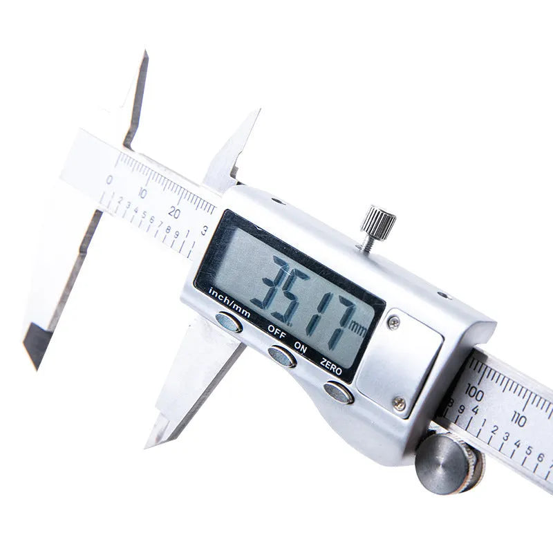Deli digital vernier caliper stainless steel measuring tool with digital display showing 0.01mm resolution