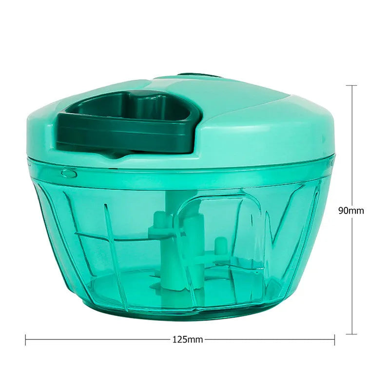 Green manual kitchen chopper and grinder with three stainless steel blades and plastic container