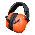 Orange adjustable noise-cancelling headphones with large protective earmuffs on a grey background.
