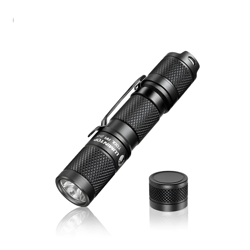 Lumintop Tool AA 2.0 black aluminium flashlight with magnetic tail cap and included accessories