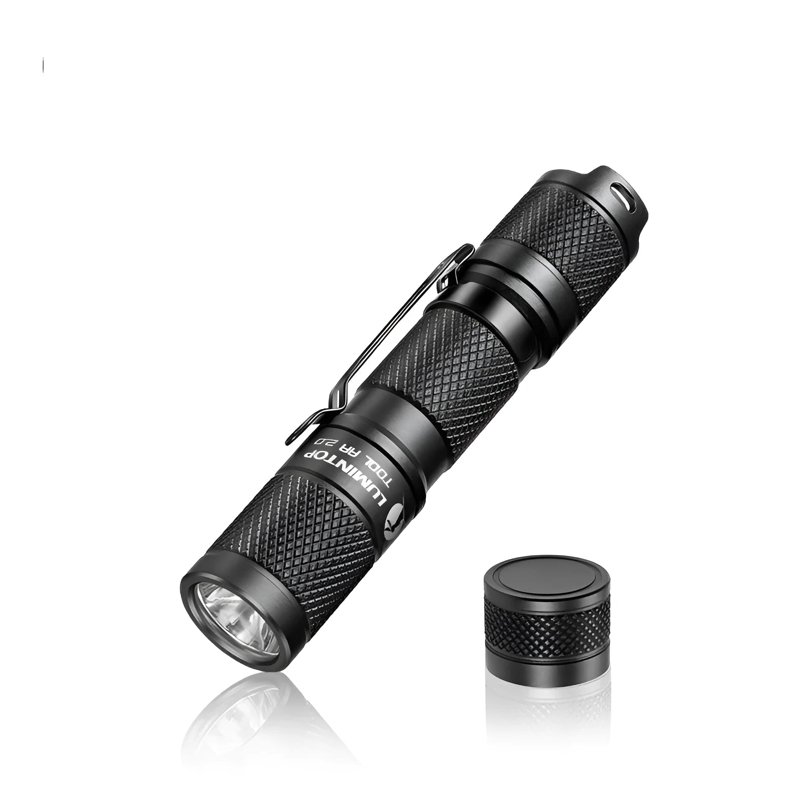 Lumintop Tool AA 2.0 black aluminium flashlight with magnetic tail cap and included accessories