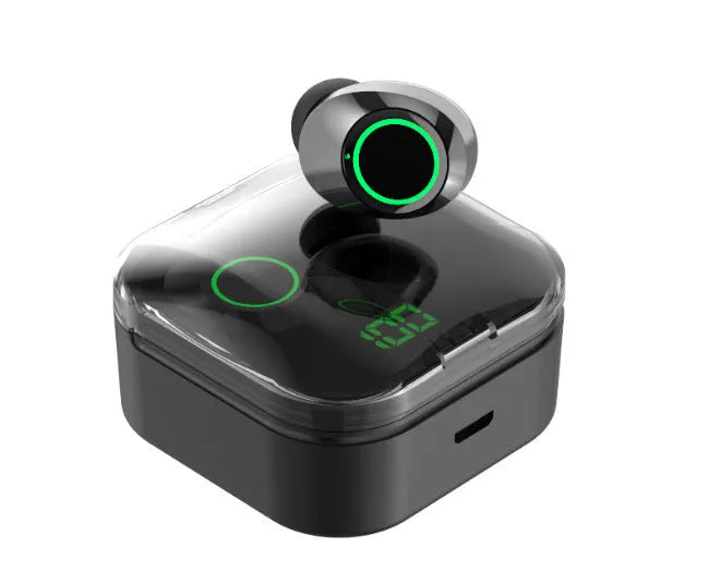 Wireless black Bluetooth sports earbuds with touch controls shown in a charging case.