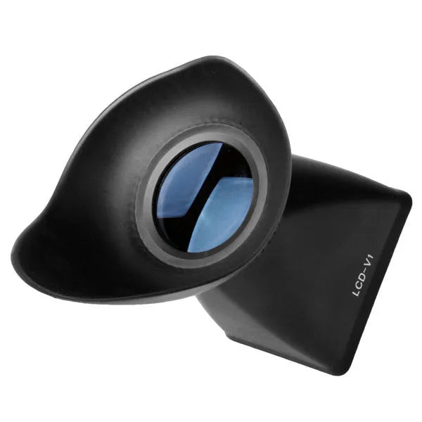 Black camera LCD magnifier with magnetic mount attached to a DSLR, showing screen magnification.
