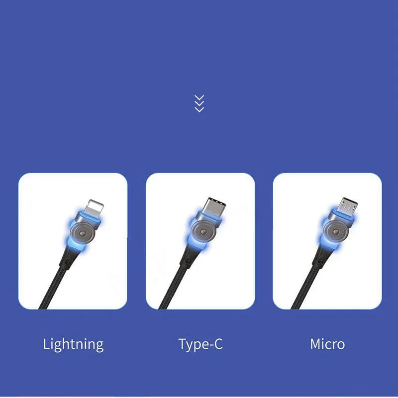 Black universal fast charging cable with rotating zinc alloy head for Apple and Android phones.