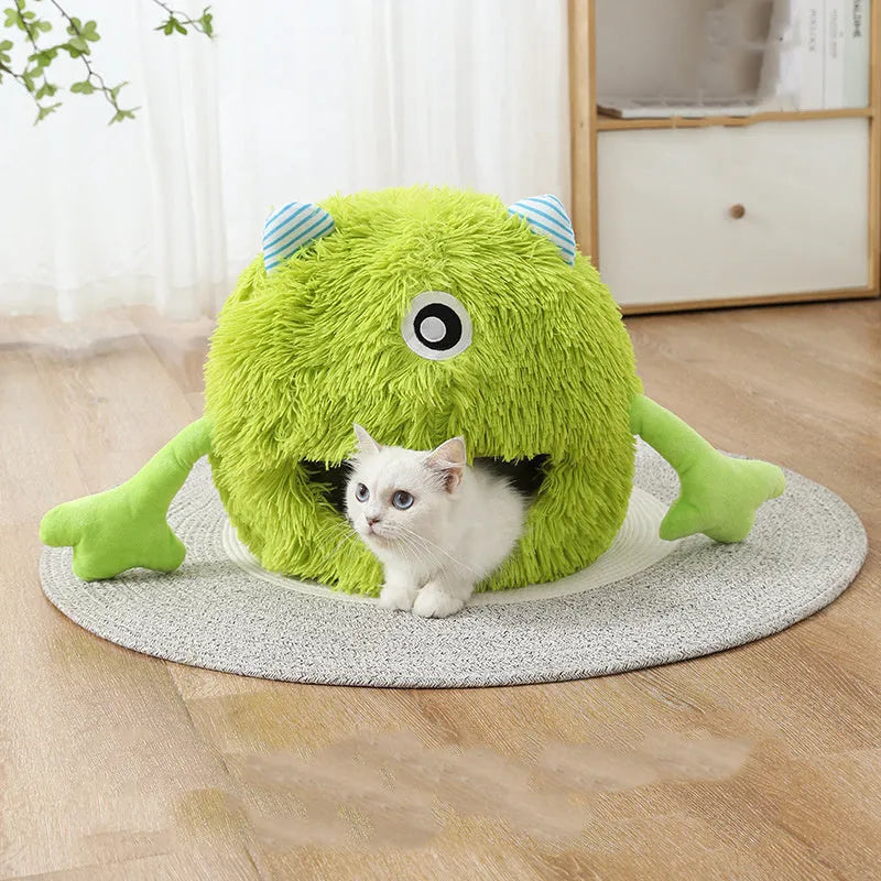 Fluffy round cat bed with non-slip base shown in three measured sizes