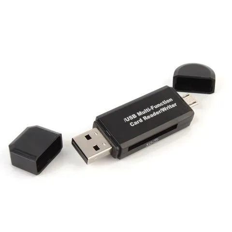 Black three-in-one card reader with Micro USB and USB 2.0 plugs, SD and Micro SD slots, 9g ABS body