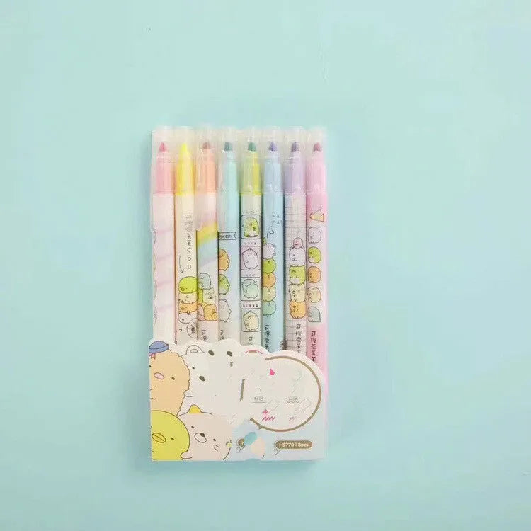 Set of eight erasable plastic highlighters measuring 16cm each with a neutral pen