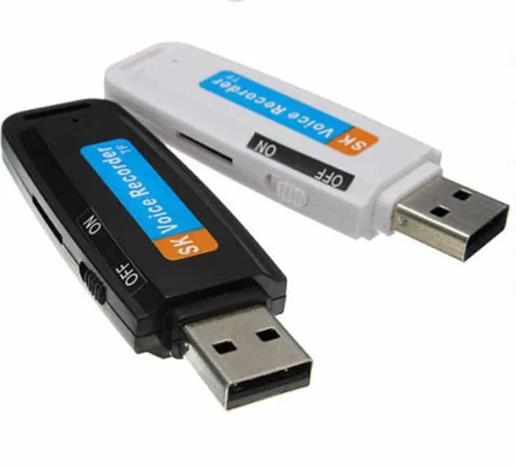 Black and white plastic USB flash drive with voice function showing dimensions and capacity options