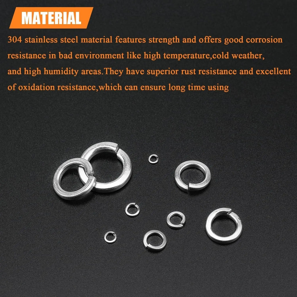 Open box showing assortment of 304 stainless steel spring lock washers in various sizes from 2mm to 12mm.