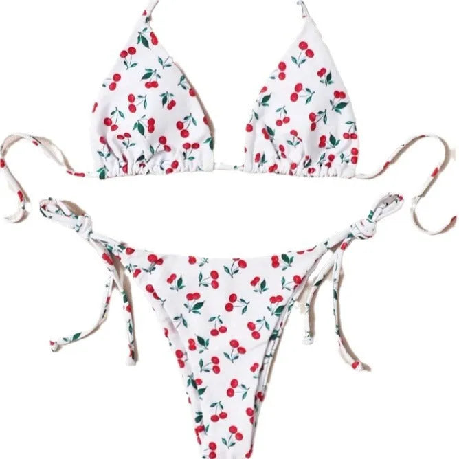 Women's split halter bikini set with backless design in briefs style and solid colour