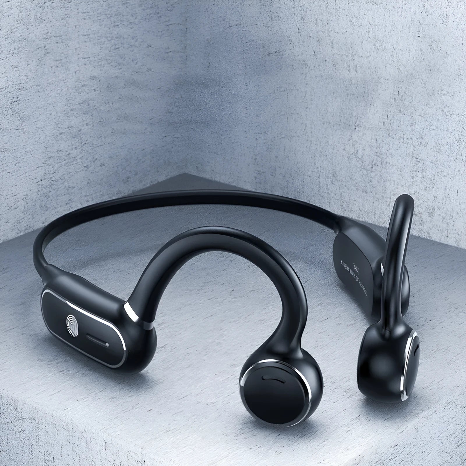 Black air conduction Bluetooth wireless earphone with a bendable titanium neckband and touch controls.