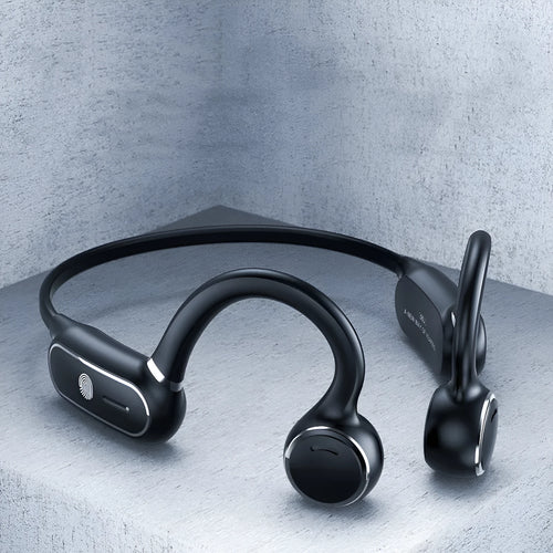 Black air conduction Bluetooth wireless earphone with a bendable titanium neckband and touch controls.