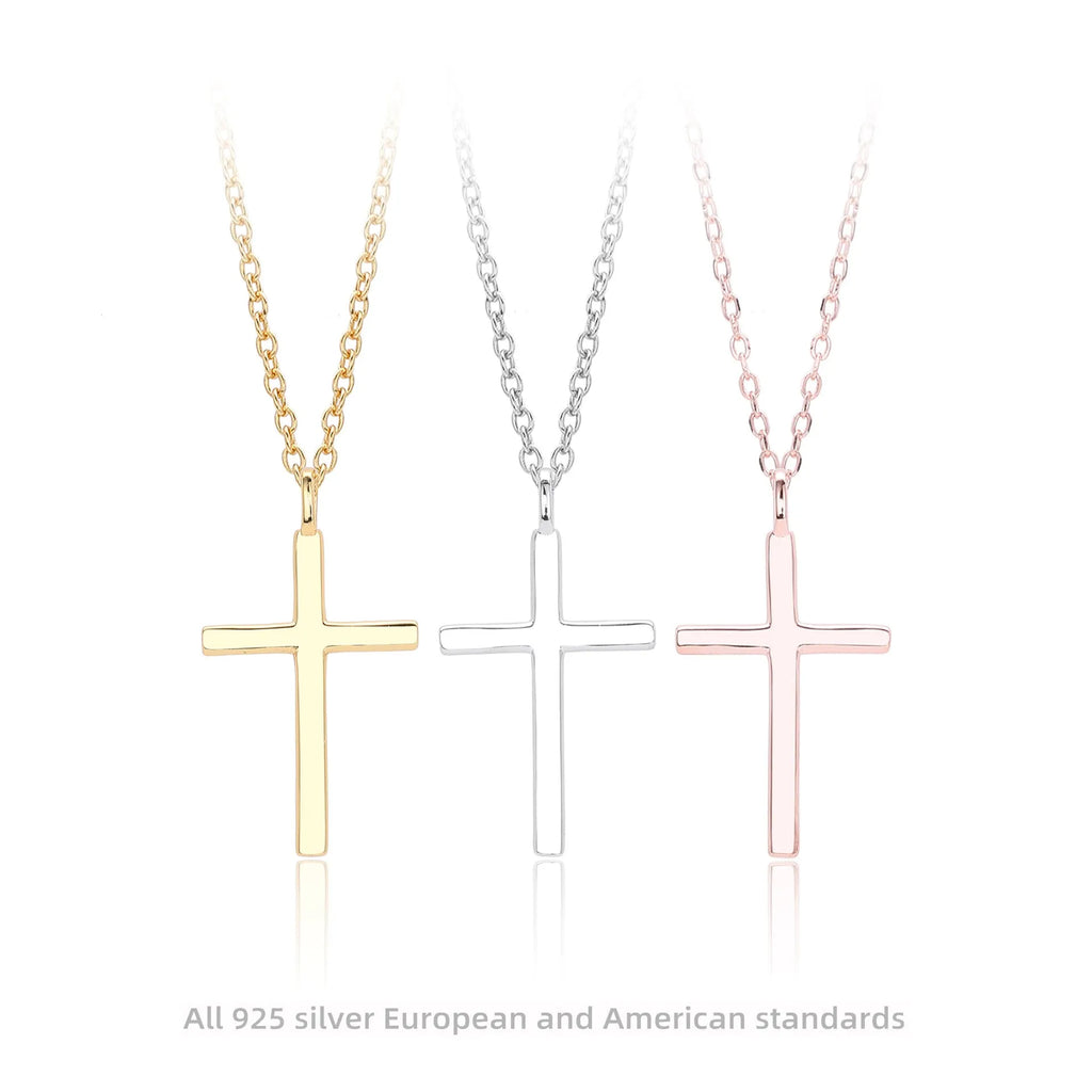 S925 sterling silver cross pendant necklace on an O-shaped chain in a gold electroplated finish.