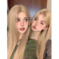 Long straight grey gold wig for women with milk tea blonde colour and included hairnet
