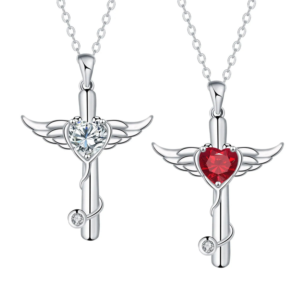 Cross stethoscope necklace with wings pendant in electroplated copper with White Diamond or Red Diamond finish