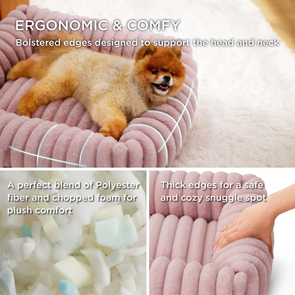 Winter warm dog bed with raised edges and removable cushion cover in beige colour
