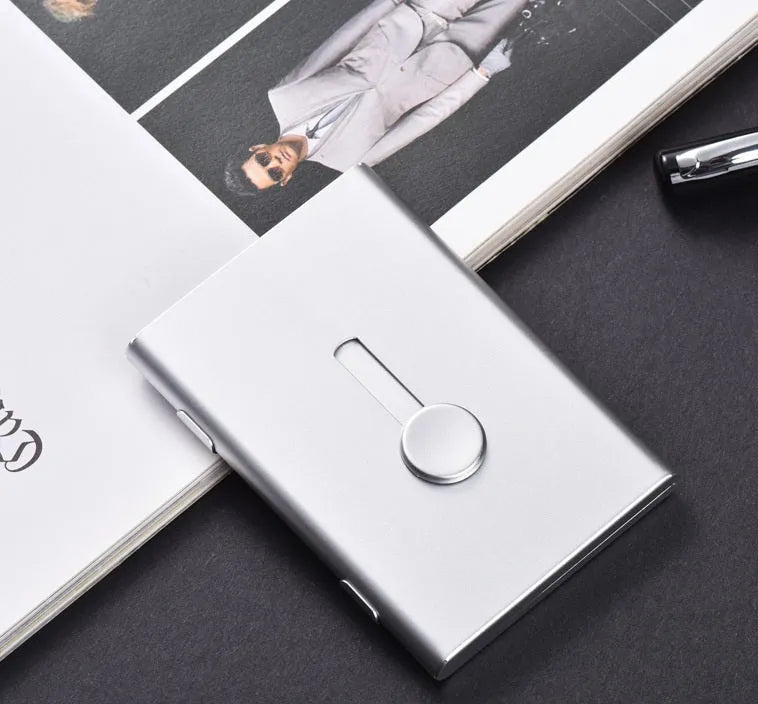 Hand push light business card case in aluminium alloy with RFID blocking, 93x65x12mm, six-layer card holder in seven colours