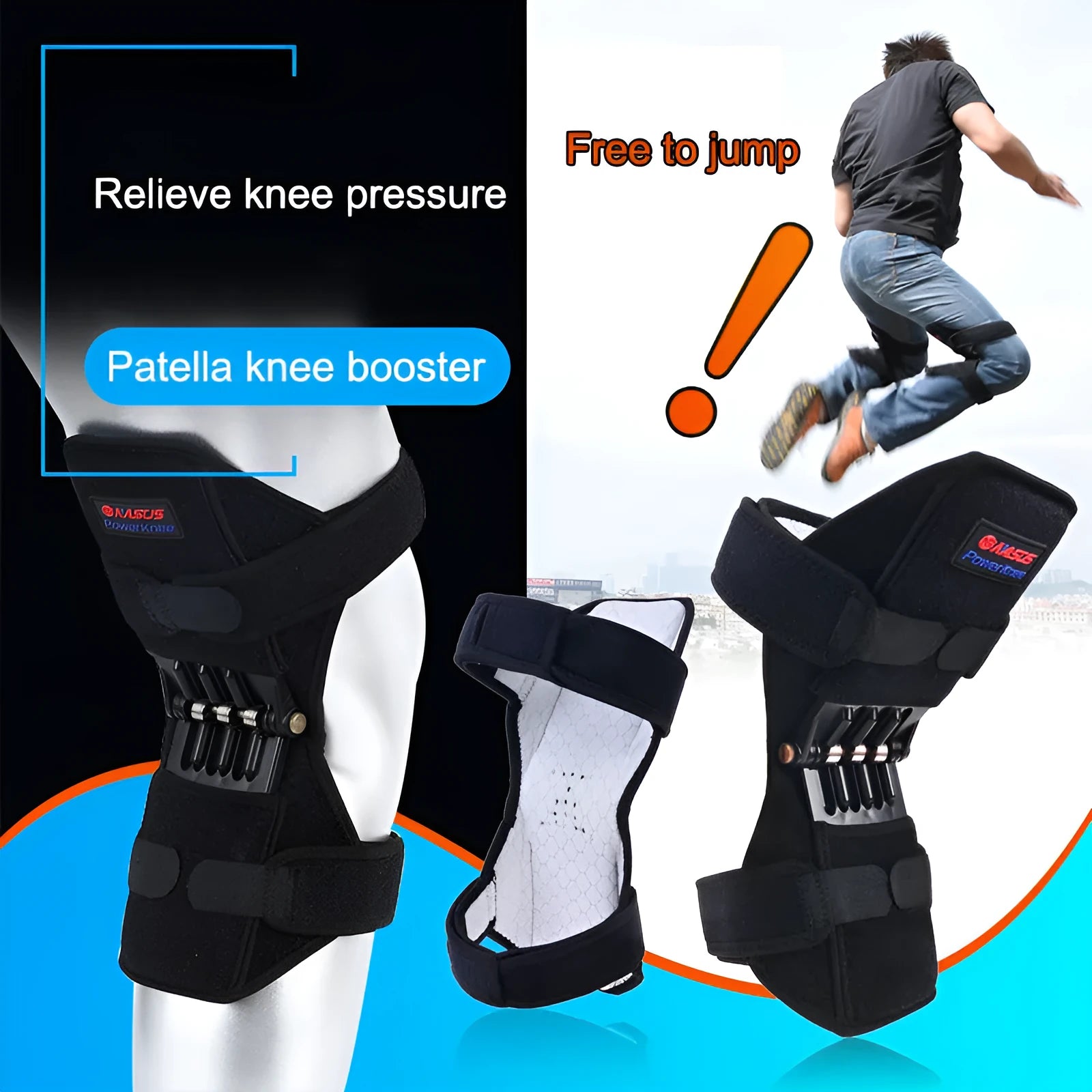 Adjustable knee brace with booster spring mechanism in breathable fabric for sports support