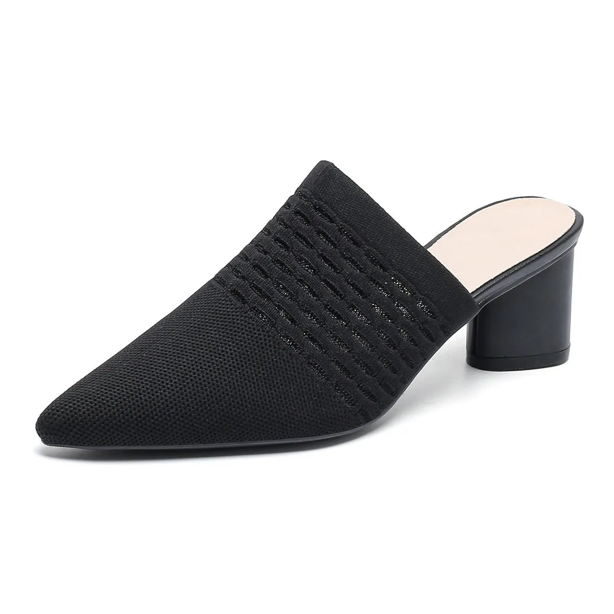 Women's pointed toe sandals with 5cm chunky heel in fabric construction with rubber sole
