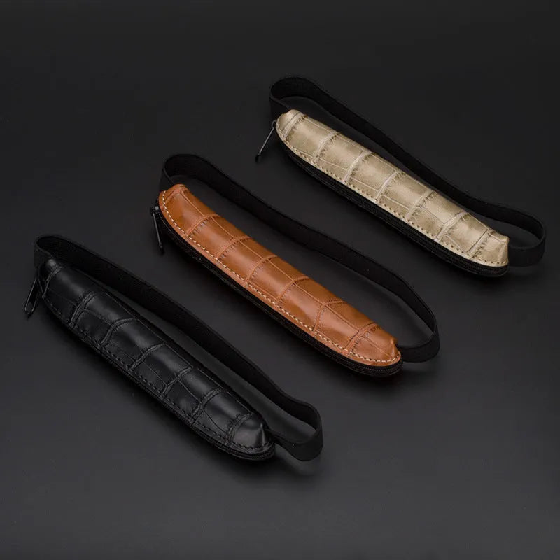 PU leather pencil case in black, beige grey, and crocodile pattern colours showing 16.5cm length