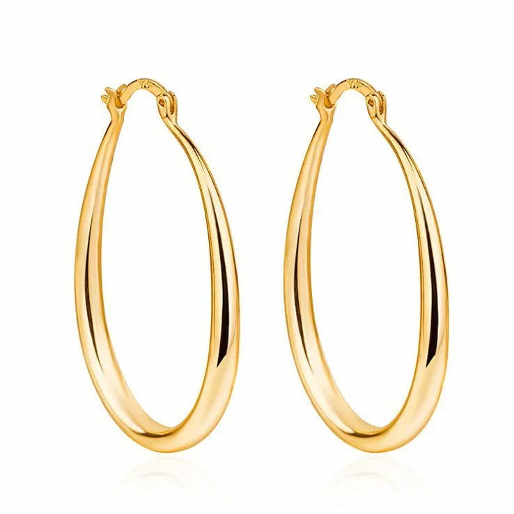 Geometric oval metal earrings for women with electroplated finish and alloy inlaid gems in gold and silver
