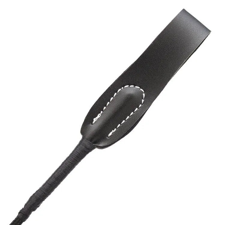 Black PU leather straight riding whip with non-slip handle and wrist strap, 70cm length option