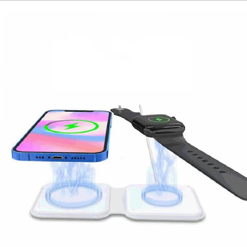 White 2 in 1 magnetic wireless charger with foldable design showing dual charging surfaces