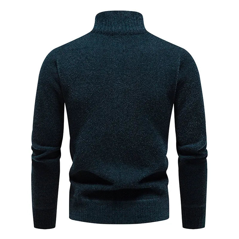 Men's velvet stand collar thickened pullover sweater in a straight cut, shown in beige colour.
